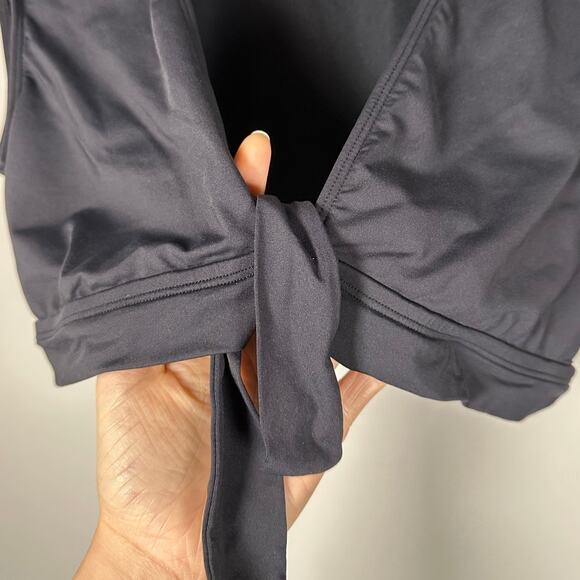 Black V-Neck Front Tie Striped Bikini Bottom Swim Suit Set Women's Large - Picture 3 of 7